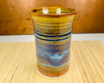 Beautiful 12oz handless mug one of a kind amber and blue glaze # 2122