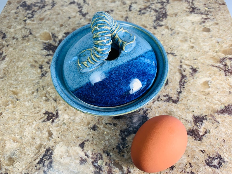 Egg cooker, poached eggs microwave, blue ceramic egg cooker, gift for foodies, great for seniors,mothers day gift, easter gift 