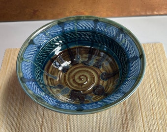 Colorful pasta bowl, noodle bowl, blue, green brown serving bowl # 2245