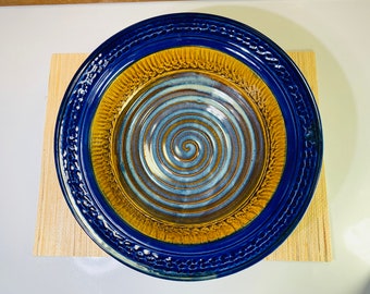 Large serving bowl, cobalt blue and amber, statement piece, wedding gift, engagement gift, housewarming gift # 2255