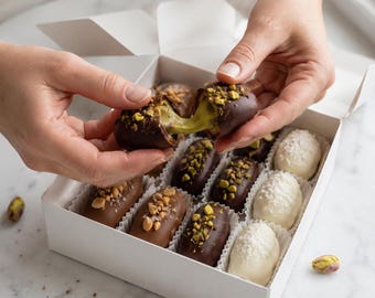 Luxury Chocolate Covered Dates Gift Box, Stuffed Medjool Dates, Belgian Chocolate, Hostess Gift, Birthday Dessert