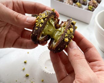 Pistachio Belgian Chocolate Covered Medjool Dates Gift Box, Stuffed Dates with Pistachio, Almond, Peanut Butter and Coconut