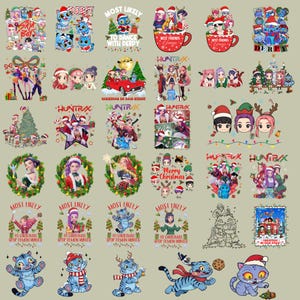 May include: A collection of Christmas-themed graphic designs featuring cartoon characters, festive decorations, and text. Designs include characters in Santa hats, Christmas trees, and the text "Merry Christmas" and "Best Friends".