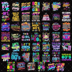 May include: A collection of retro 1980s-themed graphic designs on a black background. The designs feature vibrant neon colors, including pink, blue, yellow, and green. Text includes phrases like "Totally Rad," "80's Baby," and "Back to the 80's," along with images of boomboxes and roller skates.