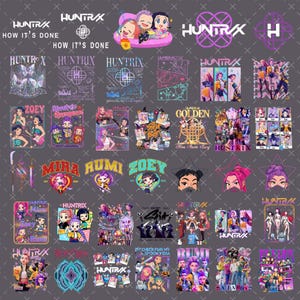 Peut inclure: Plusieurs graphismes avec la marque "HUNTR/X" et des illustrations de dessins animés. Les motifs incluent du texte et des formes géométriques dans diverses couleurs, adaptés aux vêtements ou aux produits dérivés.