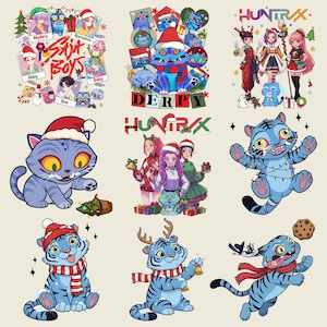Può includere: Una collezione di illustrazioni di cartoni animati colorati a tema festivo. Le immagini includono un gatto e una tigre blu con cappelli e sciarpe di Babbo Natale, insieme a gruppi di personaggi in stile anime. La parola "DERPY" è visibile.