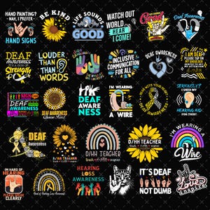 Op de afbeelding: Een verzameling grafische ontwerpen met thema's als doof bewustzijn, gebarentaal en gehoorverlies. Ontwerpen omvatten zonnebloemen, regenbogen, hoortoestellen en tekst zoals "Deaf Awareness", "Inclusive Communication" en "I'm Wearing a Wire".