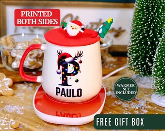Taza navideña personalizada con nombre y calentador, juego de taza de café con gorro de Papá Noel, taza personalizada, taza navideña familiar con monograma, taza navideña