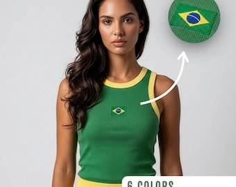 Brazil Flag Embroidered Crop Tank Top, Y2K Brazil Tank Top, Brazilian Vacation Outfit, Summer Beach Party Top Women, Brazil World Cup
