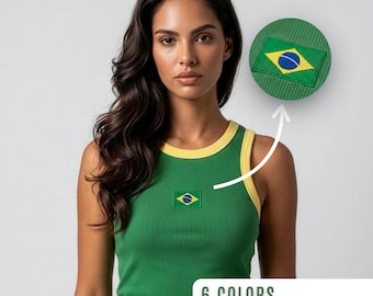 Top corto con bandiera del Brasile ricamata, canotta Brasile Y2K, outfit per vacanze in Brasile, top estivo da spiaggia per donna, Coppa del Mondo Brasile