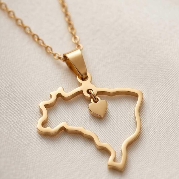 Collana personalizzata Brasile placcata oro 18 carati, collana a forma di Brasile con cuore, collana con ciondolo Brasile, gioielli Brasile, regalo per lei