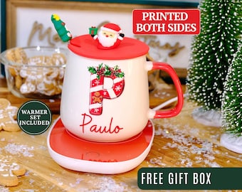 Taza navideña personalizada con nombre y calentador, regalo personalizado, taza navideña familiar con monograma, juego de tazas de café de cerámica navideñas