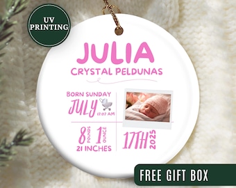 Ozdoba ze statystykami dla dziewczynki, spersonalizowana ozdoba świąteczna ze statystykami dla dziewczynki, pamiątka świąteczna dla dziewczynki, pierwsza ozdoba świąteczna dla noworodka