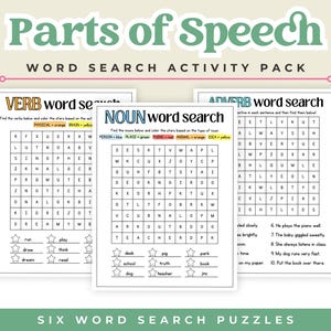 Könnte beinhalten: Lehrreiches Aktivitätspaket mit Wortsuchrätseln, die sich auf Wortarten konzentrieren. Das Paket enthält drei verschiedene Wortsuch-Arbeitsblätter: Verb, Nomen und Adverb. Die Arbeitsblätter haben einen weißen Hintergrund mit schwarzem Text und farbiger Hervorhebung.