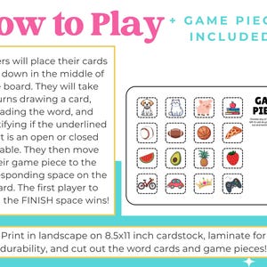 K&ouml;nnte beinhalten: Ein druckbares Spielanleitungsblatt mit dem Titel How to Play und Game Pieces Included. Es enth&auml;lt Text zur Erkl&auml;rung der Regeln zur Identifizierung offener oder geschlossener Silben, ein Raster mit sechzehn illustrierten Spielfiguren.