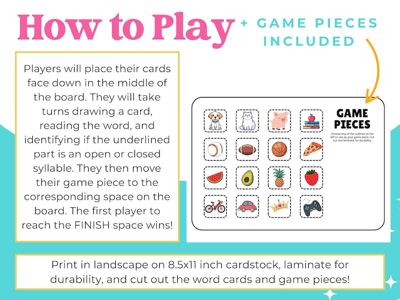 K&ouml;nnte beinhalten: Ein druckbares Spielanleitungsblatt mit dem Titel How to Play und Game Pieces Included. Es enth&auml;lt Text zur Erkl&auml;rung der Regeln zur Identifizierung offener oder geschlossener Silben, ein Raster mit sechzehn illustrierten Spielfiguren.