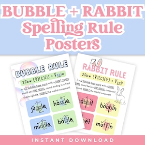 May include: Educational posters with the text "BUBBLE + RABBIT Spelling Rule Posters." The posters explain spelling rules with examples like "juggle" and "rabbit." The background is light blue with pink and white text.