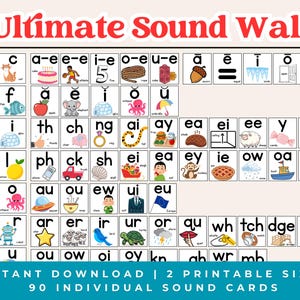 Puede incluir: Un póster educativo colorido titulado "Ultimate Sound Wall" con tarjetas de sonido individuales. Cada tarjeta presenta una letra o combinación de sonidos con una imagen correspondiente, como una manzana o un pastel. El póster está diseñado para aprender y enseñar fonética.