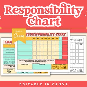 May include: Printable responsibility charts with a red and white design. The charts include sections for tasks, a weekly schedule, and a total commission section. The text "Responsibility Chart" is at the top.