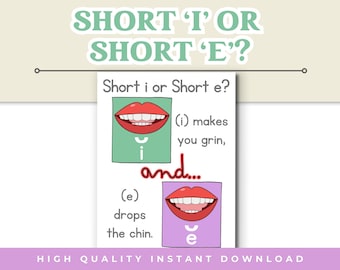 Könnte beinhalten: Lehrplakat mit dem Text "SHORT 'I' OR SHORT 'E'?" und Mundillustrationen. Das Plakat erklärt den Unterschied zwischen kurzen 'i'- und 'e'-Lauten mit dem Text "(i) lässt dich grinsen, und... (e) lässt das Kinn fallen."