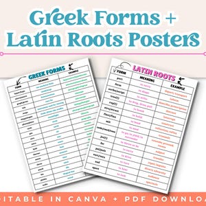 May include: Two white educational posters titled "Greek Forms" and "Latin Roots Posters" are shown. They list Greek and Latin root words, their meanings, and examples. The bottom of the image states "EDITABLE IN CANVA + PDF DOWNLOAD".