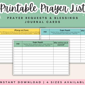 Puede incluir: Tarjetas de diario de lista de oración imprimibles con secciones para peticiones de oración, bendiciones y cuándo se respondieron las oraciones. El diseño incluye texto y un fondo verde menta con estrellas blancas. El texto dice "Descarga instantánea | 4 tamaños disponibles."
