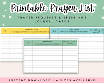 May include: A set of three printable prayer list journal cards with a green background and white star accents. The cards feature headers like Blessings and Praises and Prayer Requests, including Bible verses and columns for dates and answers.