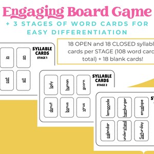 K&ouml;nnte beinhalten: Ein p&auml;dagogisches Brettspiel-Set mit drei Stufen von Silbenkarten. Der Text lautet Engaging Board Game, 3 STAGES OF WORD CARDS FOR EASY DIFFERENTIATION, und 18 OPEN and 18 CLOSED syllable cards per STAGE (108 word cards total) + 18 blank cards.