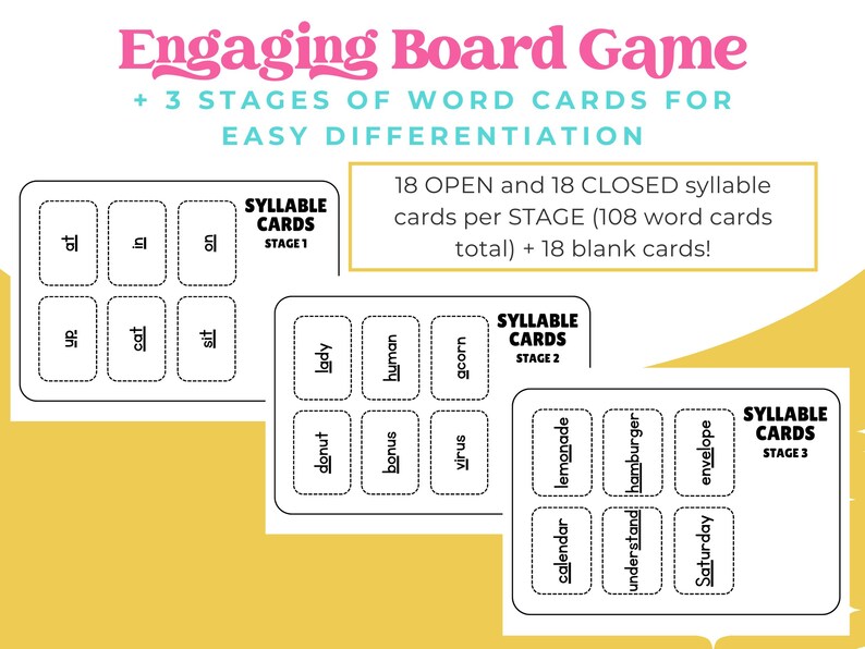 K&ouml;nnte beinhalten: Ein p&auml;dagogisches Brettspiel-Set mit drei Stufen von Silbenkarten. Der Text lautet Engaging Board Game, 3 STAGES OF WORD CARDS FOR EASY DIFFERENTIATION, und 18 OPEN and 18 CLOSED syllable cards per STAGE (108 word cards total) + 18 blank cards.