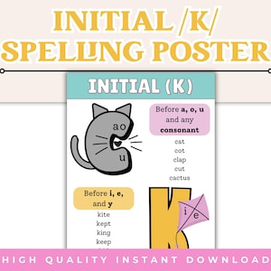 May include: A spelling poster with the text "INITIAL /K/ SPELLING POSTER". The poster features a gray cat illustration and examples of words starting with the letter K, such as "cat" and "kite". The bottom of the poster reads "HIGH QUALITY INSTANT DOWNLOAD".