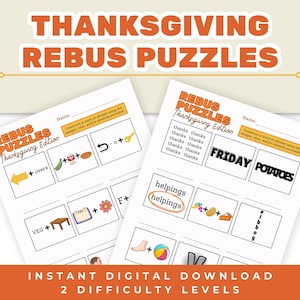 Può includere: Due fogli bianchi con i puzzle di rebus del Ringraziamento. Il testo in alto recita "THANKSGIVING REBUS PUZZLES" in arancione. I puzzle includono immagini e parole. Il testo in basso recita "DOWNLOAD DIGITALE ISTANTANEO 2 LIVELLI DI DIFFICOLTÀ".