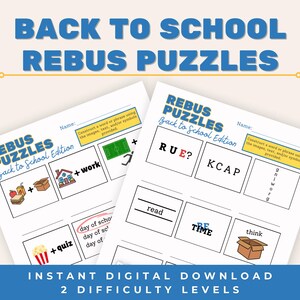 Op de afbeelding: Twee printbare werkbladen getiteld Back to School Rebus Puzzles met diverse woord- en beeldgebaseerde logische puzzels. Elke pagina bevat een naamveld, instructies en meerdere vakken met tekst en illustraties van voedsel, huizen en sporten.