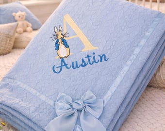 Personalized Baby Blanket: Embroidered Rabbit, Bow & Name