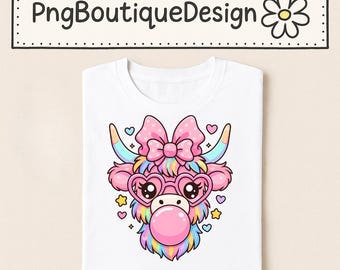 Kawaii Highland Cow PNG: Bubblegum Heart Glasses Clipart (Digital Download