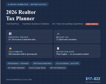 2026 Realtor Tax Planner — OBBB Updated | Quarterly Estimated Tax Tracker for Real Estate Agents