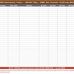 May include: A spreadsheet titled "2026 Subcontractor Tracker - 1099-NEC Filing." The document includes columns for subcontractor name, EIN/SSN, address, and quarterly and annual totals. Text at the top indicates a new threshold of $2,000.