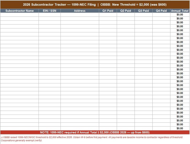 May include: A spreadsheet titled "2026 Subcontractor Tracker - 1099-NEC Filing." The document includes columns for subcontractor name, EIN/SSN, address, and quarterly and annual totals. Text at the top indicates a new threshold of $2,000.