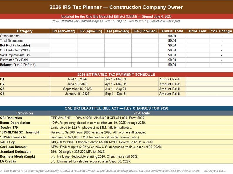 May include: A tax planning document titled "2026 IRS Tax Planner - Construction Company Owner." It includes tables for income, deductions, and estimated tax payments. Key changes for 2026 are also listed, such as QBI deduction and standard deduction.