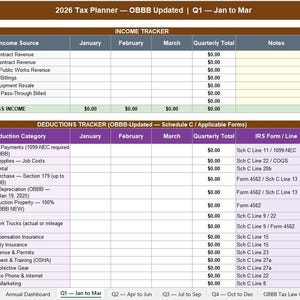 May include: A tax planner spreadsheet titled "2026 Tax Planner - OBBB Updated" with income and deductions trackers. The spreadsheet includes categories for income sources, deductions, and IRS forms. The document covers the first quarter, January to March.