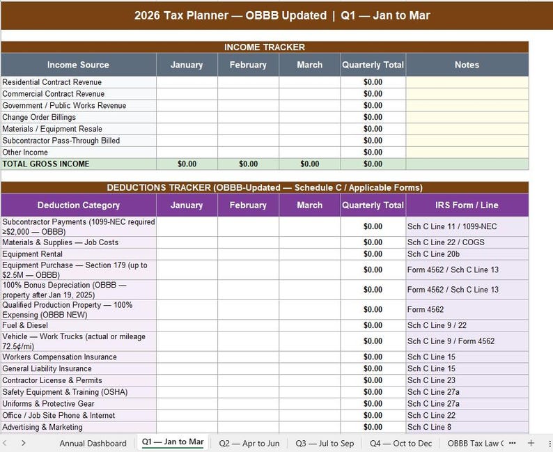 May include: A tax planner spreadsheet titled "2026 Tax Planner - OBBB Updated" with income and deductions trackers. The spreadsheet includes categories for income sources, deductions, and IRS forms. The document covers the first quarter, January to March.