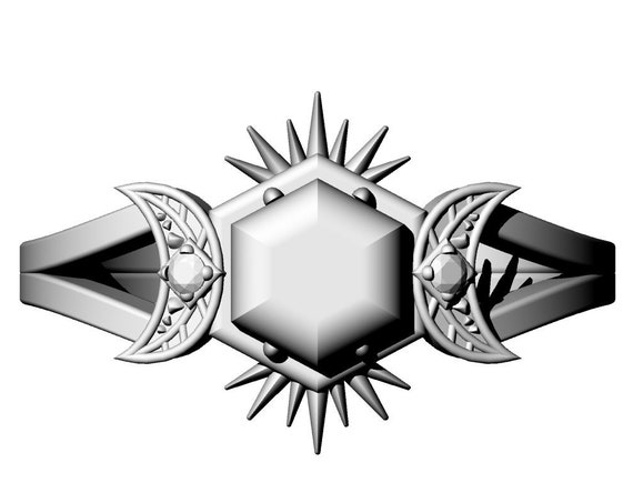 FRIGG - Diamond #6 - Rose Cut Salt & Pepper Hexagon Diamond Ring with Crescent Moons and Split Shank