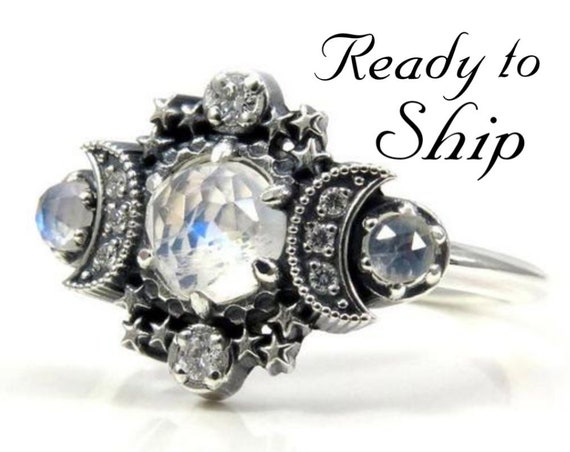 Ready to Ship Size 4 - 6 - Rose Cut Moonstone Cosmos Moon and Star Ring - Sterling Silver with White Diamonds - Boho Engagement