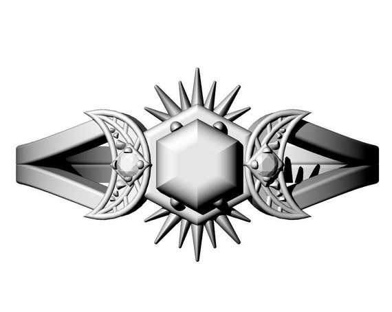 FRIGG - Diamond #4 - Rose Cut Salt & Pepper Hexagon Diamond Ring with Crescent Moons and Split Shank