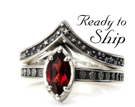 Ready to Ship Size 5.5 - 7.5 - Sterling Silver Garnet Moon and Stars Engagement Ring Set - Gothic Witch Engagement