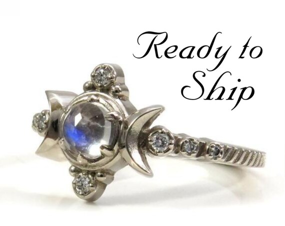 Ready to Ship Size 6 - 8 - Moonstone Compass Moon Engagement Ring - White Diamonds & 14k Palladium White Gold