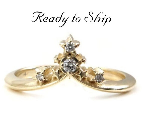 Ready to Ship Size 6 - 8 - Starseed Stacking Chevron Wedding Band - 14k Yellow Gold with White Diamonds