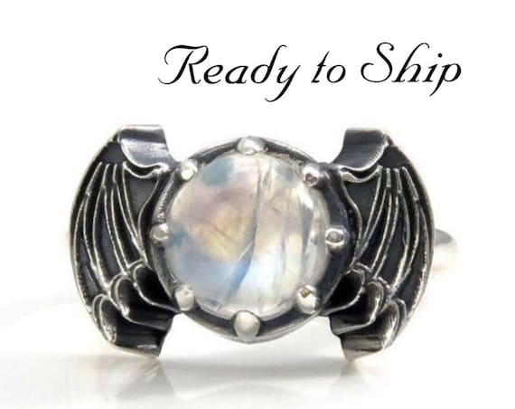 Ready to Ship Size 6 - 8 -Rainbow Moonstone Bat Wing Gothic Engagement Ring - Sterling Silver Jewelry