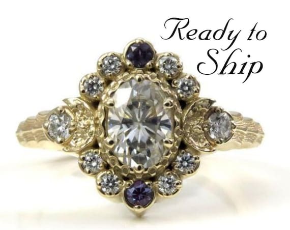 Ready to Ship Size 6 - 8 - Moon Wave Oval Halo Celestial Engagement Ring - Moissanite Center with Chatham Alexandrite Accents