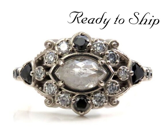 Ready to Ship Size 6 - 8 - Snowy Marquise Diamond Belle Epoque Antique Styled Engagement Ring - 14k Palladium White Gold Gothic Fine Jewlery