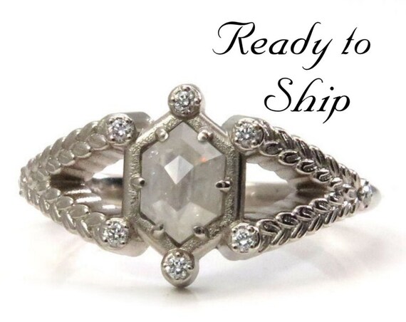 Ready to Ship Size 6 - 8 - Hexagon Diamond Engagement Ring with Sage Leaf Split Shank and Diamonds - 14k Palladium White Gold